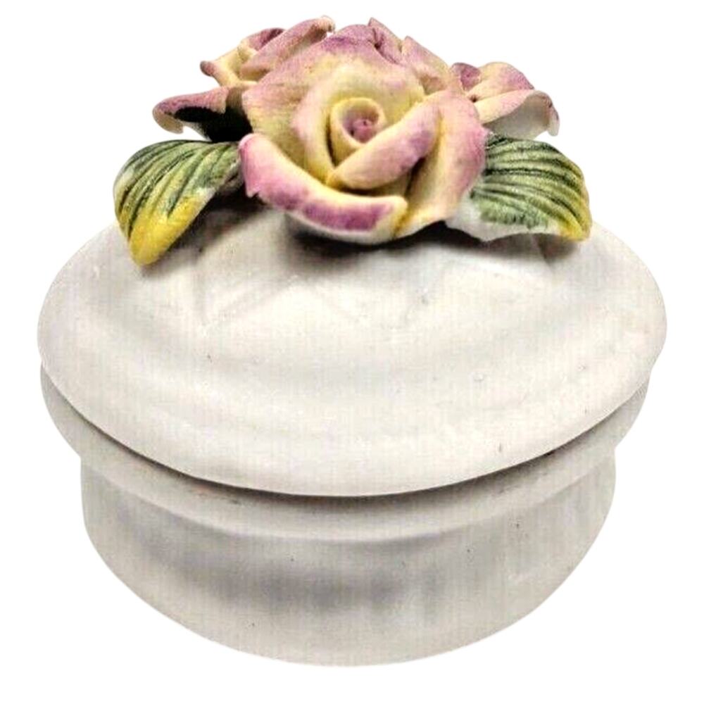 Antique Small Ceramic Trinket Box with Floral Rose Topper White Pink 1.5 in